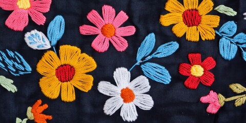 Vibrant and Colorful Floral Embroidery Design on Deep Dark Fabric That Captivates Attention
