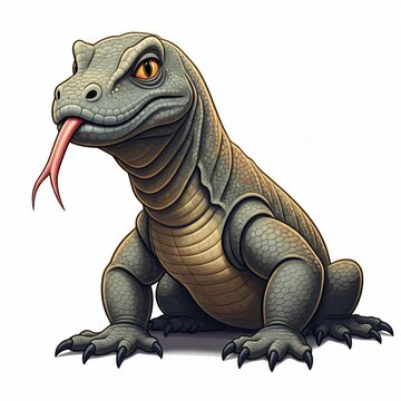 Komodowaran mit graubraunen Schuppen, vollst&auml;ndige Ansicht, Cartoon-Stil, wei&szlig;er Hintergrund, Generative KI.