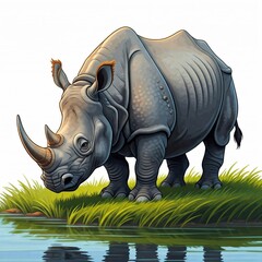 Fototapeta premium Java-Nashorn mit grauem Fell und markantem Horn, vollständige Ansicht, Cartoon-Stil, weißer Hintergrund, Generative KI.