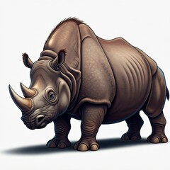 Fototapeta premium Sumatra-Nashorn mit graubraunem Fell und charakteristischem Horn, vollständige Ansicht, Cartoon-Stil, weißer Hintergrund, Generative KI.