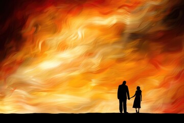 Fototapeta premium Silhouetted couple against vibrant fiery sky at sunset