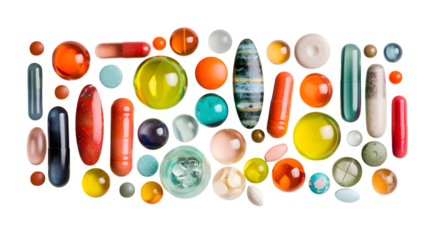 A falling collection of vibrant pills and capsules, captured mid-motion on a white backdrop 