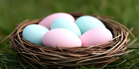 Three eggs resting peacefully in a nest on a lush green grassy landscape - Serenity