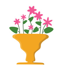 a stylized illustration of a yellow vase containing several pink flowers with green leaves. The simple, rounded petals and various sizes of the flowers add depth and variety to the cheerful design.