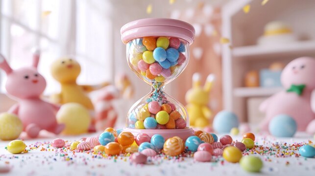 hourglass brimming vibrant candies sits pastel table accompanied cheerful candy characters. background bright and inviting perfect playful occasions.
