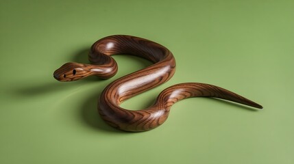 Obraz premium Handcrafted wooden snake sculpture on vibrant green background
