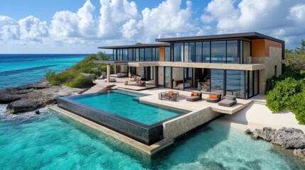 Fototapeta premium Modern beachfront villa with infinity pool overlooking clear waters and lush surroundings.