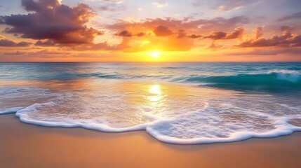Stunning sunset over a tranquil ocean beach.