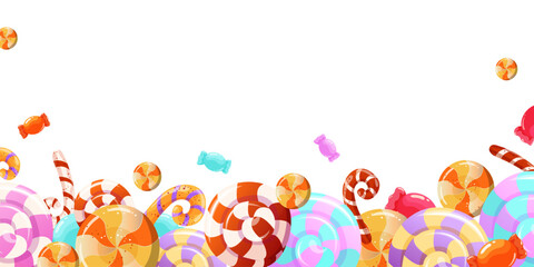 Border of colorful rainbow lollipops, sweet candies, caramel. Bright background with candies. Vector design for wrapping, fabric, interior decor, textile, print, brochure, label, wallpaper greeting © Juliia