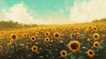 Fototapeta premium A field of sunflowers. Oil painting texture.