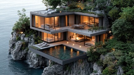 Obraz premium Modern cliffside villa with a pool, surrounded by greenery and ocean views.