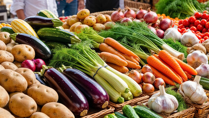 fresh vegetables eggplants, zucchini, potatoes, carrots, onions at the market Israel, sunny day
