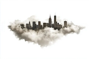 Obraz premium Cityscape silhouette floating on a bed of clouds. imagination and possibilities