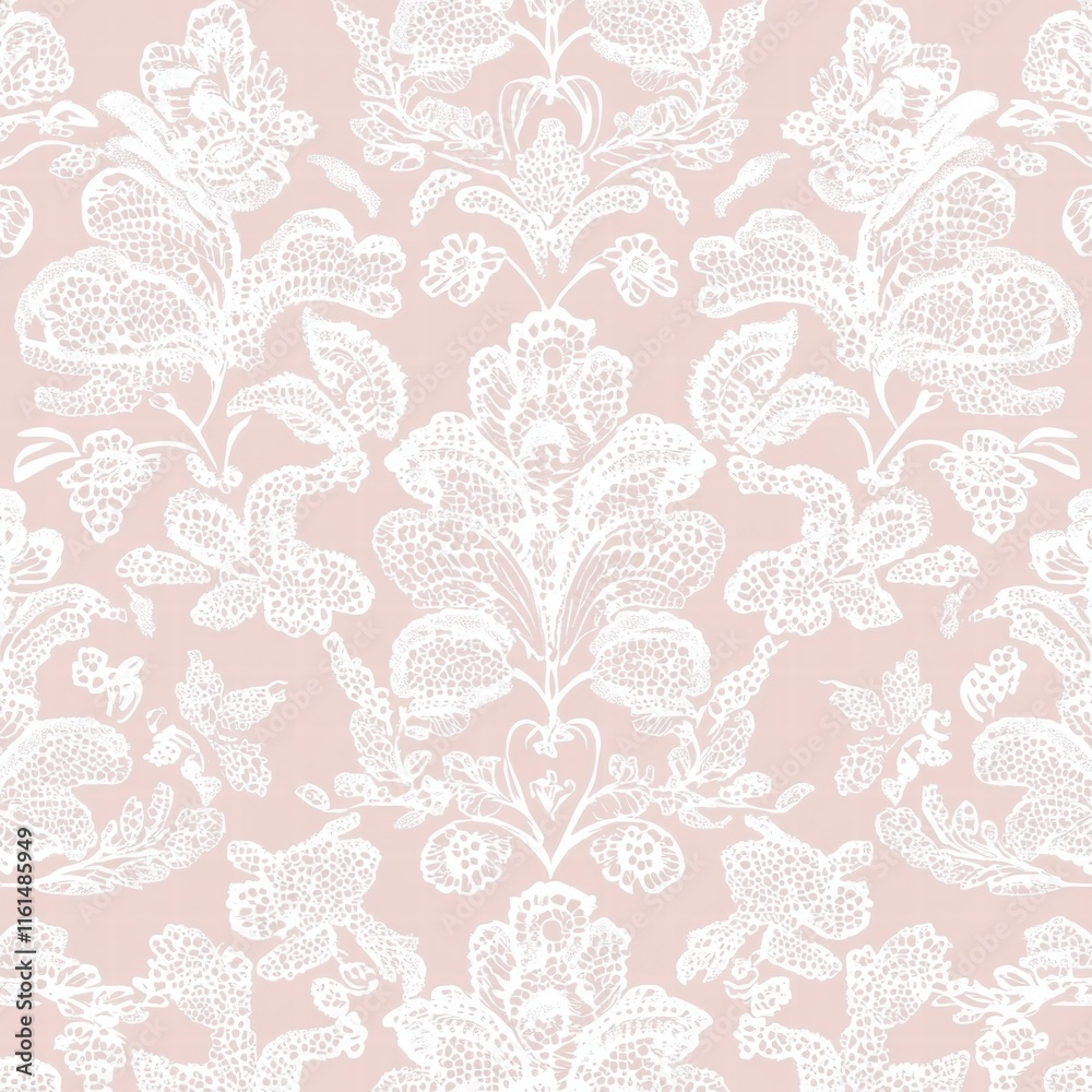 Poster lace inspired seamless pattern featuring floral and botanical designs on a soft pink background. gen