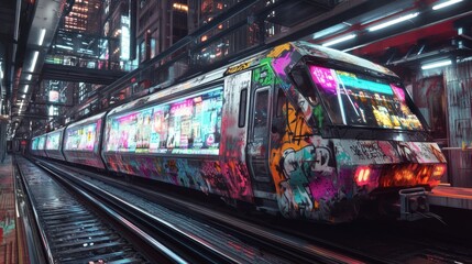 Fototapeta premium A graffiti-covered cyberpunk train with holographic windows displaying ads