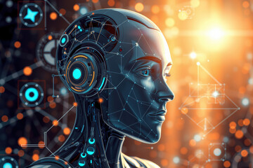Obraz premium futuristic robotic AI with human like face is depicted against glowing background, showcasing advanced technology and digital connectivity. scene is illuminated by warm, vibrant lights
