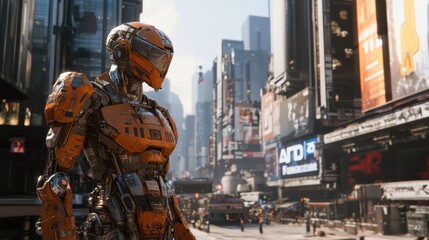 A heavily armored cybernetic soldier standing guard in a dystopian city square
