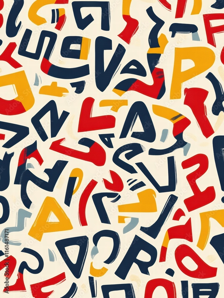 Aufkleber playful pattern featuring stylized alphabet shapes in vibrant colors on a light background. generati