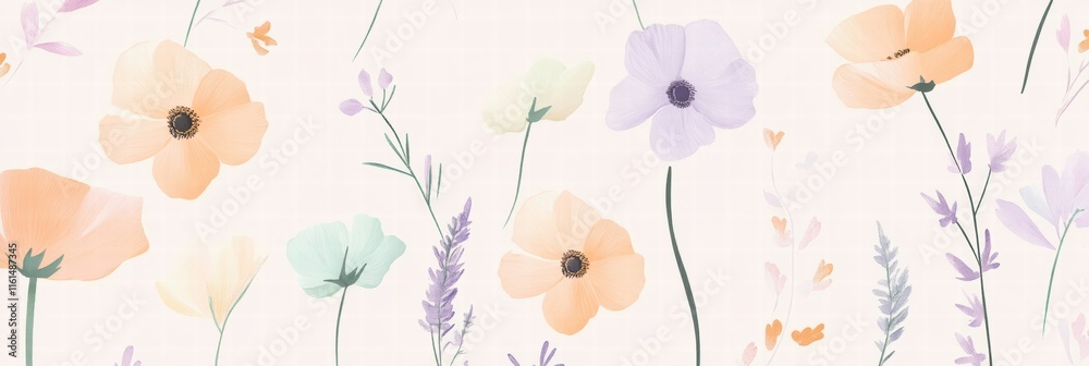 Aufkleber Floral pattern featuring delicate flowers in soft pastel colors creating a serene and gentle atmosphere. Generative AI