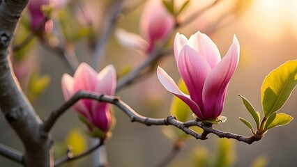 Fototapeta premium Delicate Pink Magnolia Blossoms, Spring Flowers on Curved Branch with Soft Morning Light