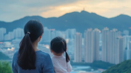 Asian mother and daughter looking at the city at the mountain