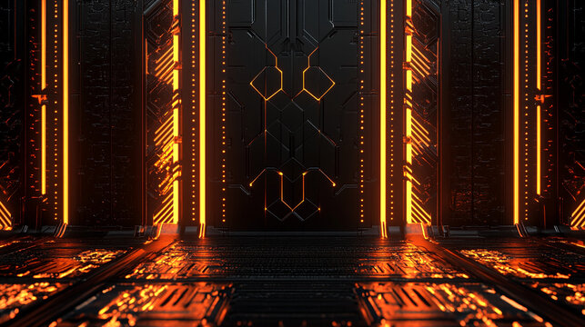 Futuristic Sci-Fi Corridor with Glowing Orange Neon Lights and Symmetrical Design. Gamer background