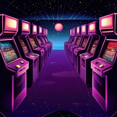 An 80s retro-futuristic arcade filled with vibrant neon slot machines and a surreal cosmic backdrop.