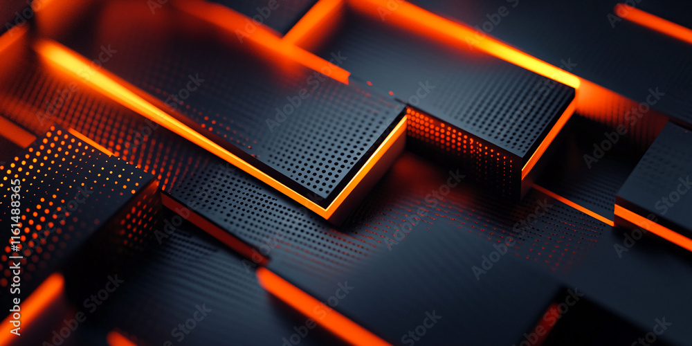 Poster Abstract Modern Surface with Illuminated Orange Lines and Geometric Patterns. Gamer background