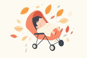 A peaceful baby boy sleeps in an orange stroller surrounded by falling autumn leaves.