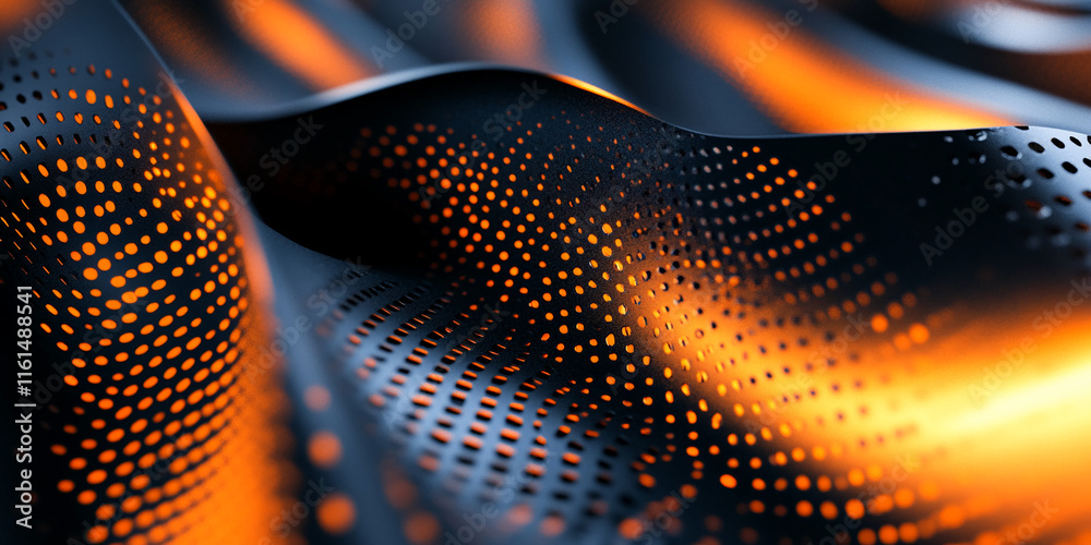 Poster abstract wavy surface with perforated pattern and glowing orange light effects