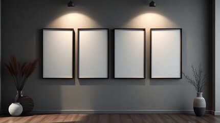 Minimalist Gallery Wall Mockup: Four sleek black frames against a moody dark grey wall create a blank canvas for your creative vision. The warm.