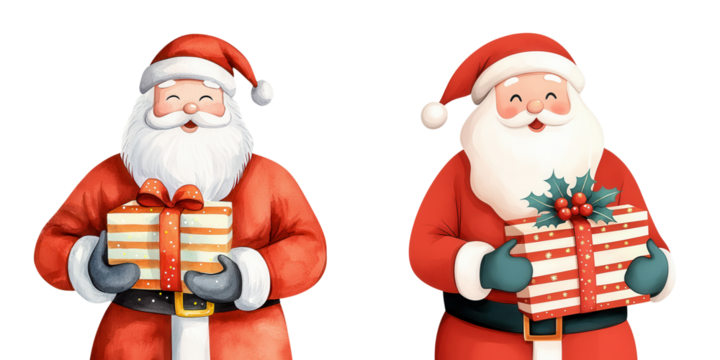 Cheerful Santa Claus Characters Holding Colorful Christmas Gifts, Ideal for Holiday Celebrations, Decorations, and Festive Seasonal Promotions