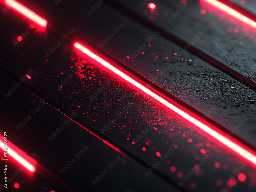 Poster Abstract Black Surface with Glowing Red Lines and Sparkling Dotted Texture. Gamer background