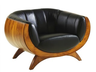 Modern Round Wooden Armchair with Black Leather Upholstery and Sleek Curved Design