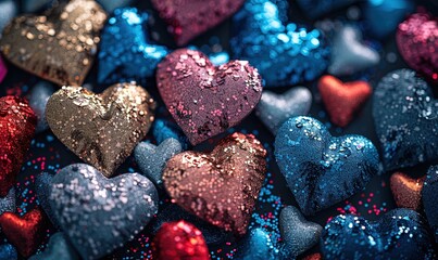 Obraz premium Close-up of multicolored glitter in the shape of a heart. Stylish background for Valentine's Day