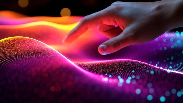 Futuristic neon touch interface with glowing purple light waves, Interactive human hand creating digital magic or touching holographic data display