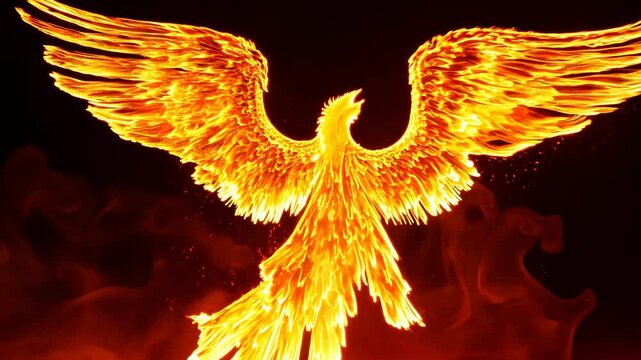 Majestic golden phoenix rising with flaming wings spread, Mythical fire bird in dramatic rebirth