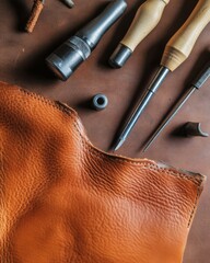 Naklejka premium Detail of leather crafting tools arranged around a piece of tanned leather.