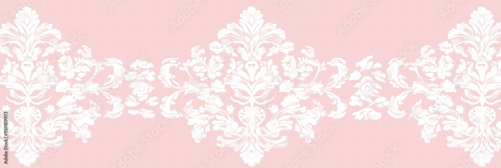 Poster elegant lace inspired seamless pattern showcasing intricate designs on a soft pink background. gener