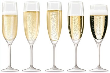 Five elegant champagne glasses with varying levels of bubbly drink showcasing a festive atmosphere.