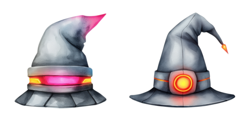 Colorful Fantasy Wizard Hats with Glow Effects Suitable for Game Art, Illustrations, and Creative Projects Featuring Magical Themes