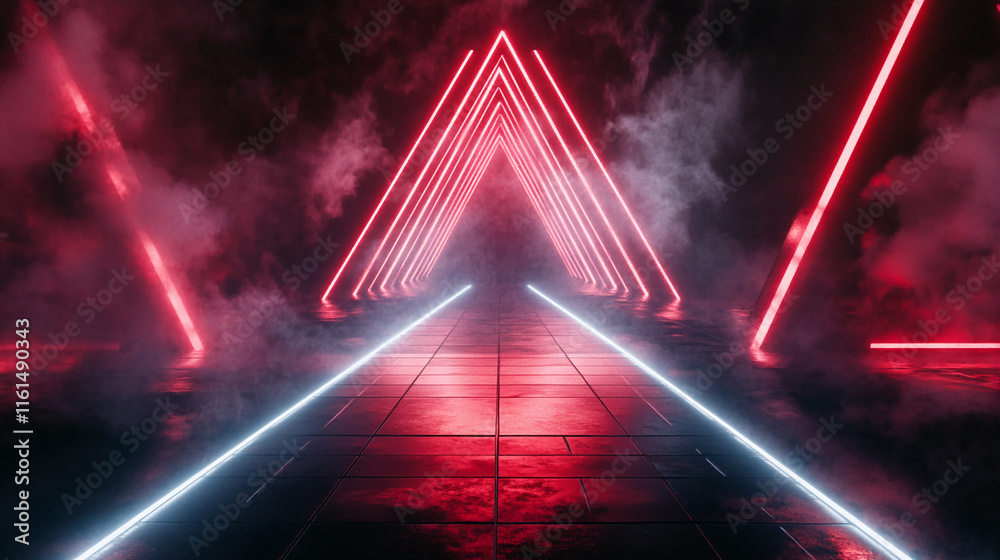Poster Futuristic Neon Red Triangle Tunnel with Fog and Reflections. Gamer background