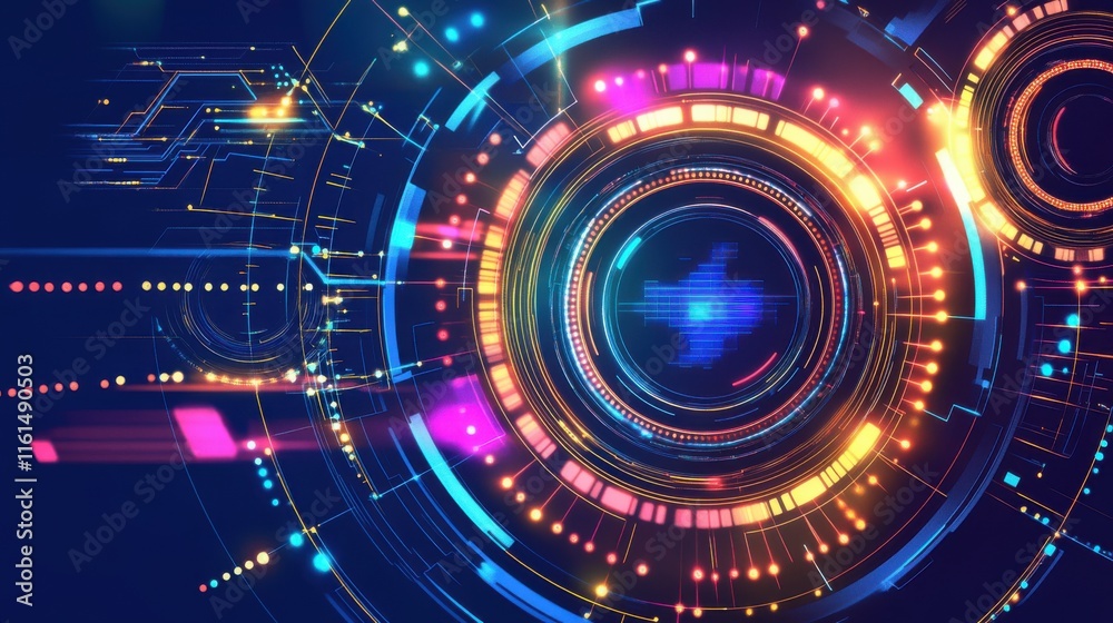 Poster dynamic abstract digital background featuring vibrant neon colors and intricate circuit patterns.