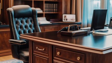 Luxurious Executive Office Desk with Leather Chair and Sophisticated Wooden Finish