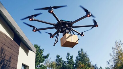 A drone delivering a package in a clear blue sky, showcasing modern technology in action.