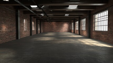 Obraz premium Spacious industrial loft interior with exposed brick walls, high ceilings, and large windows.