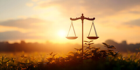 Scales of Justice at Sunrise. A pair of scales symbolizing justice and ethics, set against a serene sunrise in a natural field, highlighting the balance of moral values and virtue.