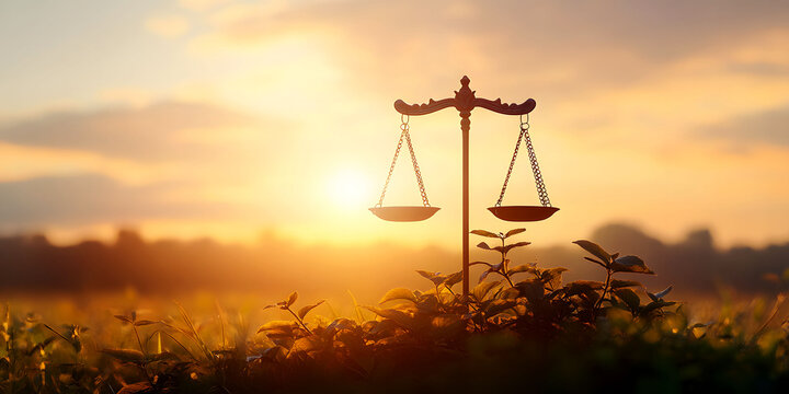 Scales of Justice at Sunrise. A pair of scales symbolizing justice and ethics, set against a serene sunrise in a natural field, highlighting the balance of moral values and virtue.