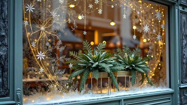 Luxury Winter Window Display, Ornate Festive Design with Golden Silver Hues, Frosted Glass, and Delicate Snowflakes - Powered by Adobe