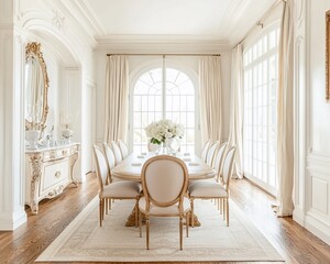 Elegant dining room with arched windows, ornate furniture, and a large oval table.